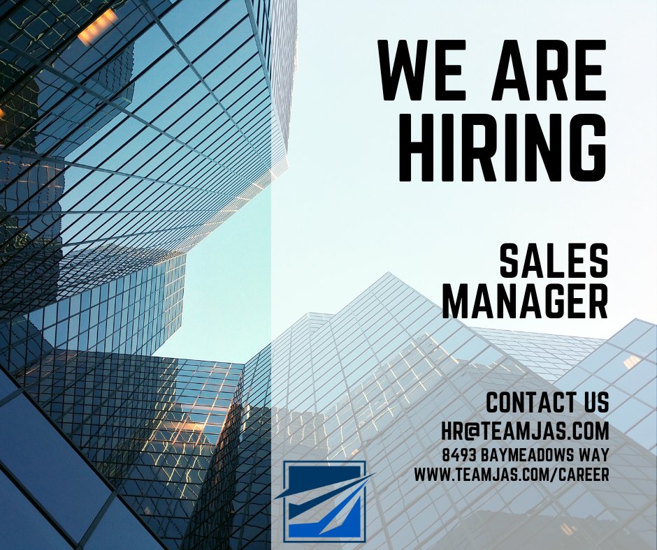 Team_JAS's tweet photo. Team JAS is looking for a Sales Manager to join our team! The Sales Manager will manage and oversee the sales operations team. Apply today at: https://t.co/ZNuOr5DHnK https://t.co/7lA6LF1aXC