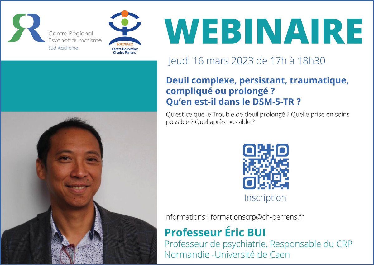 Webinaire, jeudi prochain, par le Pr Eric Bui, sur le #deuil compliqué, traumatique.. quels diagnostics, quelles prises en soins? 
Inscription toujours possible. <a href="/ch_perrens/">CH Charles Perrens</a> <a href="/CN2R_France/">Centre national de ressources et de résilience</a> <a href="/ARS_NAquit/">ARS Nouvelle-Aquitaine</a> <a href="/CHLaborit/">CH Laborit</a>