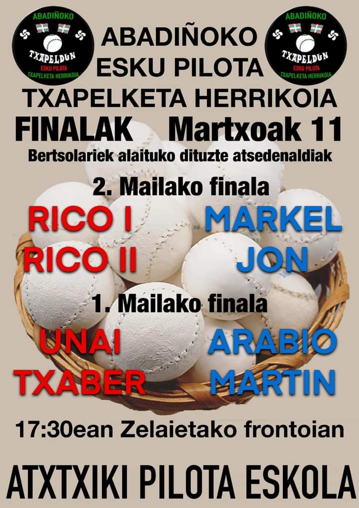 5 hilabete luze juen dan Abadiñoko txapelketa herrikoiaren finalak jokatu die bixer Zelaietako frontoien. Kalejira, herri bazkaria, txistulariak, bertsolariak, kinielak eta giro ona ez da faltako, bertaratu pilotariak animatzera.
Pd:barra egongo da 🍻🍻