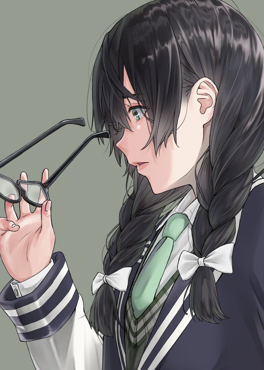 1girl twin braids solo braid holding eyewear holding black hair  illustration images