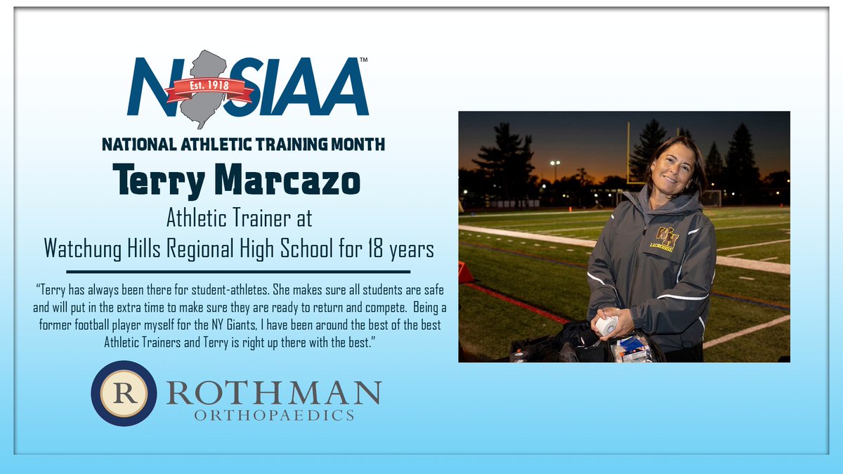 NJSIAA (@njsiaa) on Twitter photo It’s National Athletic Training Month! This week our #proudpartner, <a href="/RothmanOrtho/">Rothman Orthopaedics</a> is recognizing Terry Marcazo of <a href="/WHRHS_Athletics/">WHRHS Athletics</a>. #ThankYouAthleticTrainers It’s National Athletic Training Month! This week our #proudpartner, <a href="/RothmanOrtho/">Rothman Orthopaedics</a> is recognizing Terry Marcazo of <a href="/WHRHS_Athletics/">WHRHS Athletics</a>. #ThankYouAthleticTrainers
