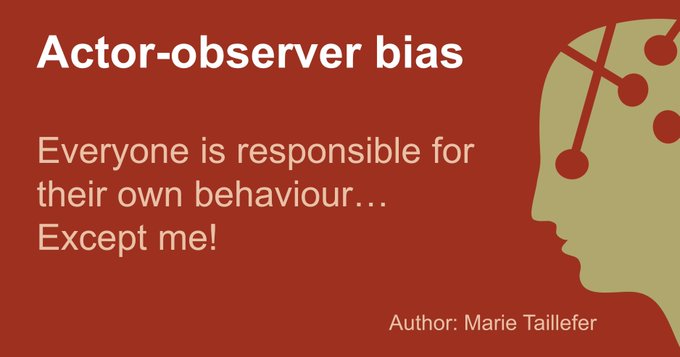 https://en.shortcogs.com/bias/actor-observer-bias
Actor-observer bias refers to our tendency to attribute external causes to our own behaviour and to attribute internal causes to the behaviour of others [1]. Thus, when explaining our own actions, we will tend to call on aspects of the situation (difficulty of the task, chance, etc.), rather than personal elements (effort provided, personality, etc.). Conversely, and consistent with the fundamental attribution error, when we observe the behaviour of another person, we tend to explain that behaviour through the characteristics of the person being observed, rather than the situation. This difference in interpretation between the actor and the observer can therefore lead to misunderstandings and cause problems in interpersonal relationships. It can also manifest itself at the level of relations between groups: we attribute external causes to the negative behaviours of members of our own group and internal causes to the negative behaviours