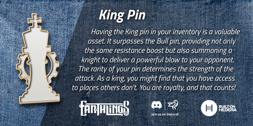 earthlingsland's tweet photo. Elevate your gaming experience and discover the benefits of using the King pin! 

These #EARTHPins are designed to help bring your game to the next level. 

#NFTwithUtility #NFT #Web3gaming #Hedera $HBAR https://t.co/xVbsRy8sh7