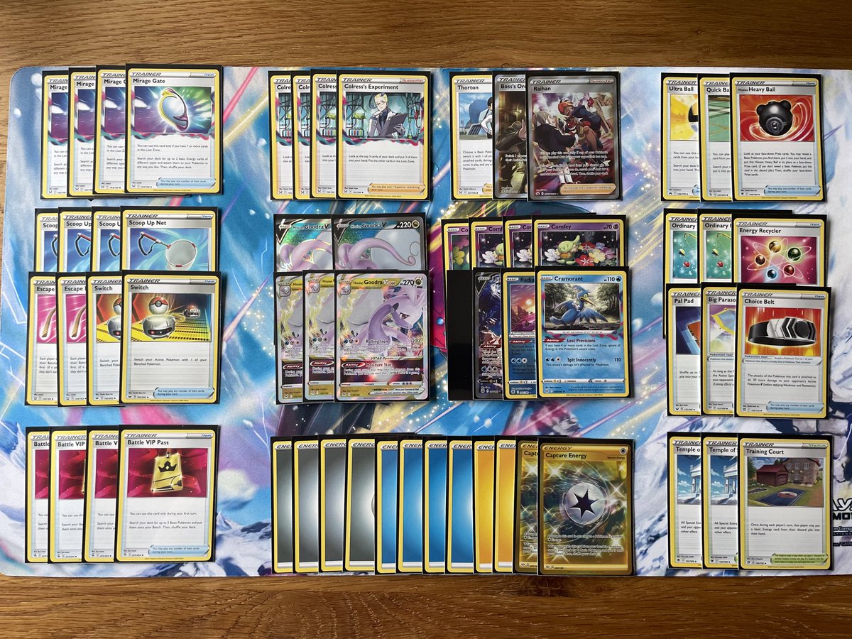 AndrewDBoswell's tweet photo. Finished off the Sword and Shield TCG format as League champion for SIT format at @RuleZeroLondon with my trusted Goodra.

Thanks to @Pidgeohno for original Goo list and support! #teamgoo @PokemonTCG 

(Deck missing Raikou V as was returned before the pic!) https://t.co/ANyPVN1Loa