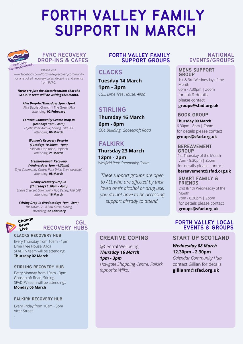 PSOSForthValley's tweet image. Check out @ScotFamADrugs activities for March ⬇️
All the activities, are open to people aged 16+ affected by someone else's alcohol and/or drug use - for more information, contact: fvfamilies@sfad.org.uk

#Support
#ForthValley
#Recovery