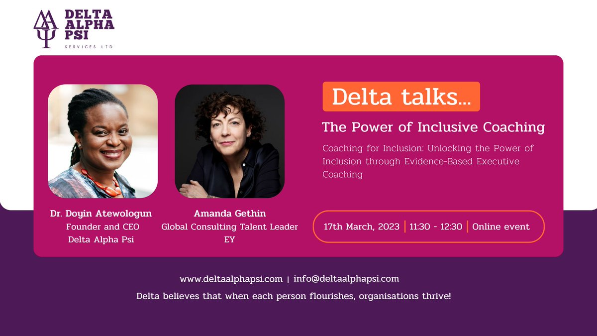 deltaalphapsi's tweet photo. One week to go until Deltaโs CEO and Founder @DrDoyinA and @EY_UKI's Amanda Gethin go live for the 'Delta talksโฆ The Power of Inclusive Coaching' episode.
Donโt miss out on this conversation and register for free today! https://t.co/BOlcbrbcSN https://t.co/fO709YXcSc
