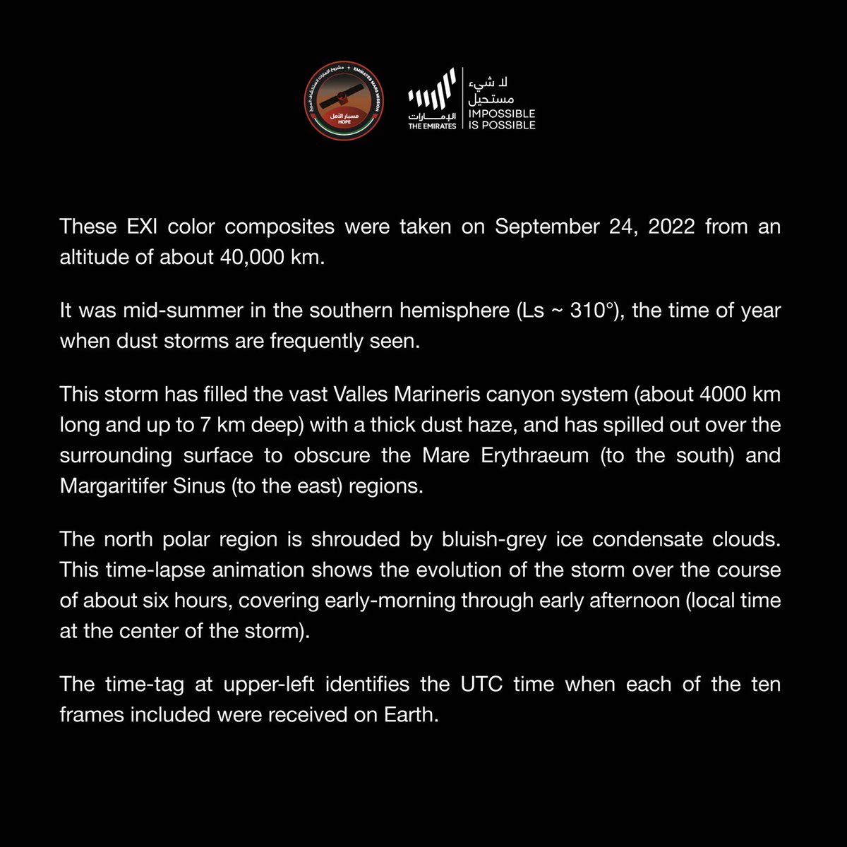 Hana_ElSayyed's tweet image. Earlier this month, The Hope Probe observed a dust storm in the Valles Marineris and adjacent regions on #Mars. This sequence of EXI images obtained over about six hours shows the rapid evolution of the storm🌪️
by @HopeMarsMission
#futurofwork #space