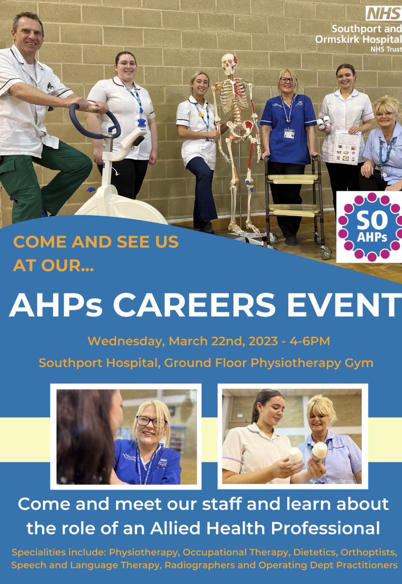 Less than 2 weeks to go until our careers event @SONHStrust. If you are considering a career in healthcare, or would like to know more about working within our fantastic AHP teams, please come along and join us. No booking or ticket required