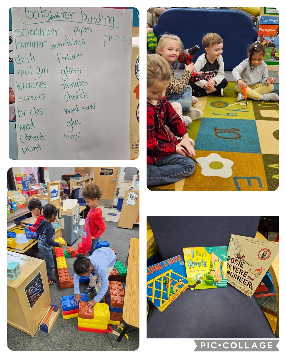 BeckyDollins's tweet photo. Today we read more books about building, examined real life tools, made a list of tools/ materials for building a house, and then worked in centers building and creating. #engineersinaction @Oakwood_Manor @NKCSchools @NKCEarlyed https://t.co/iovBpDBkUI