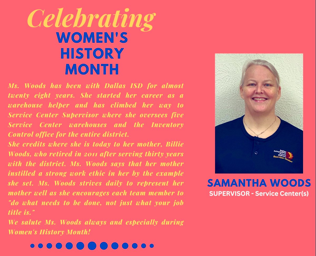 DISDFacilities's tweet photo. “Do what needs to be done, not just what your job title is.” -Samantha Woods 💙#WomensHistoryMonth2023 #MFSTeam
@dallasschools @TeamDallasISD @DISDSubs https://t.co/v8OCVojCcj