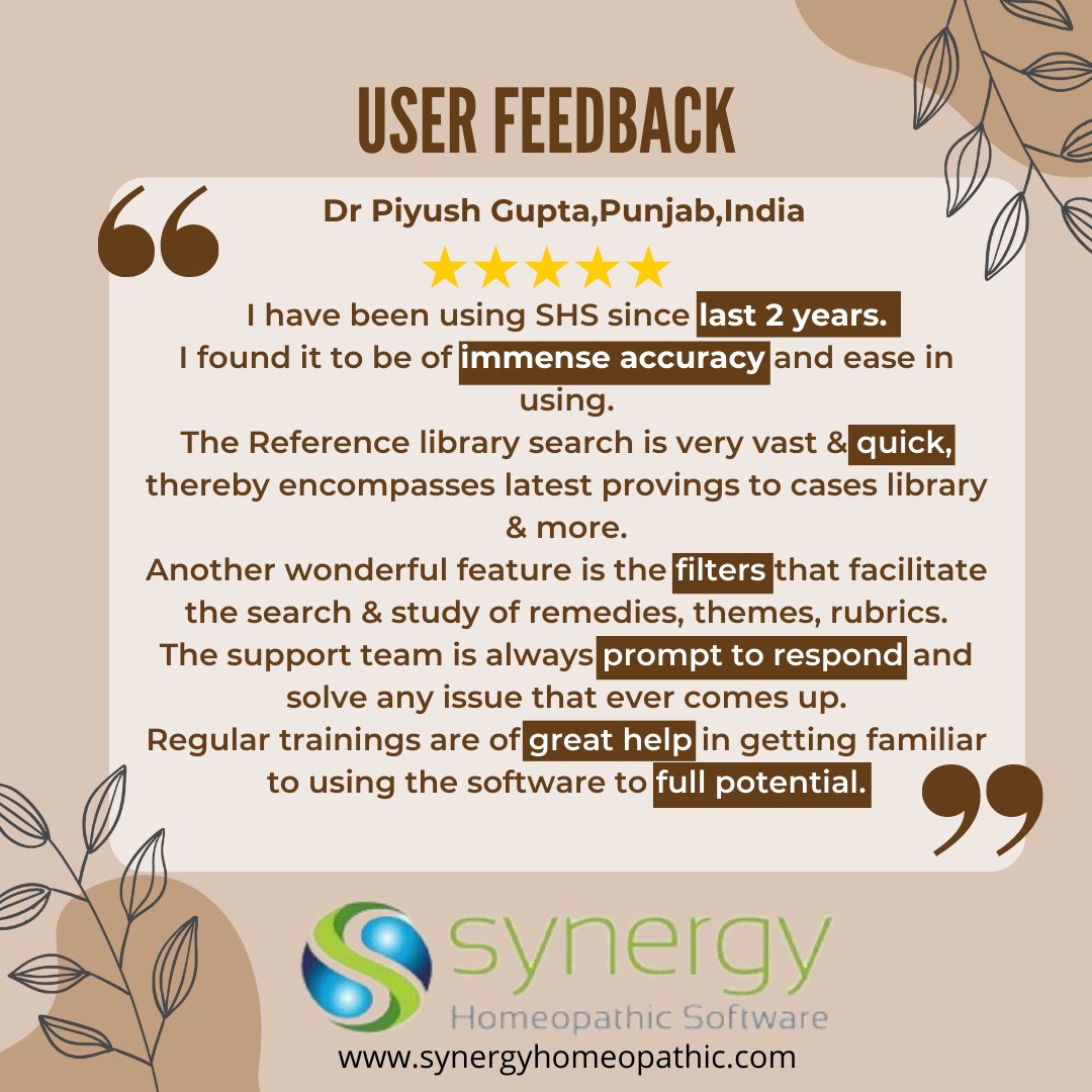 SynergyHomeoInd's tweet photo. Today’s #fridayfeedback from our north Indian homeopath…
SHS is spreading far and wide…Do you have your copy yet ?
  #homeopathypractice #homeopathypractitioner #homeopathypractitionerindia #homeopathycourses #synergyhomeopathicsoftware #synergyhomeopathic
#shs #vitalquest https://t.co/N13oR1FmPw