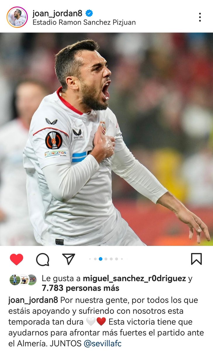 Fuentesftografo's tweet photo. Publicación de Jordán tras el Gol ante el #Fernerbache y la victoria del #SevillaFC 2-0
#Sevilla #SevillaHoy #RedesSociales #tdsactualidad #tdsdeportes #UEFAEuropaLeague
#sevillismo #sevillistas https://t.co/3mT5YvcDAm