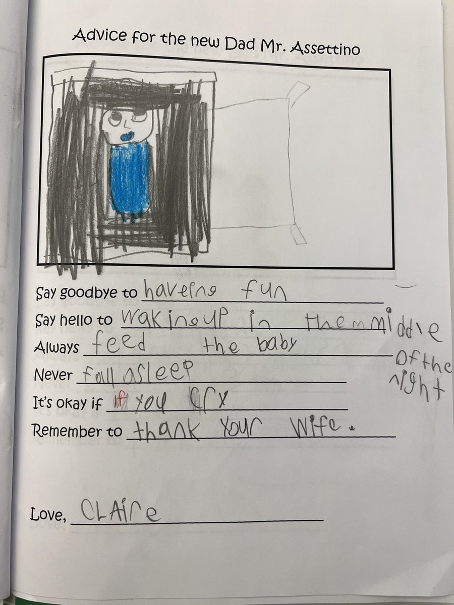 Congratulations to Mr. Assettino , a new Dad to a baby boy . Our class made a book for a new dad advice 💙😁 <a href="/madonnaroar/">Madonna Della Libera</a>