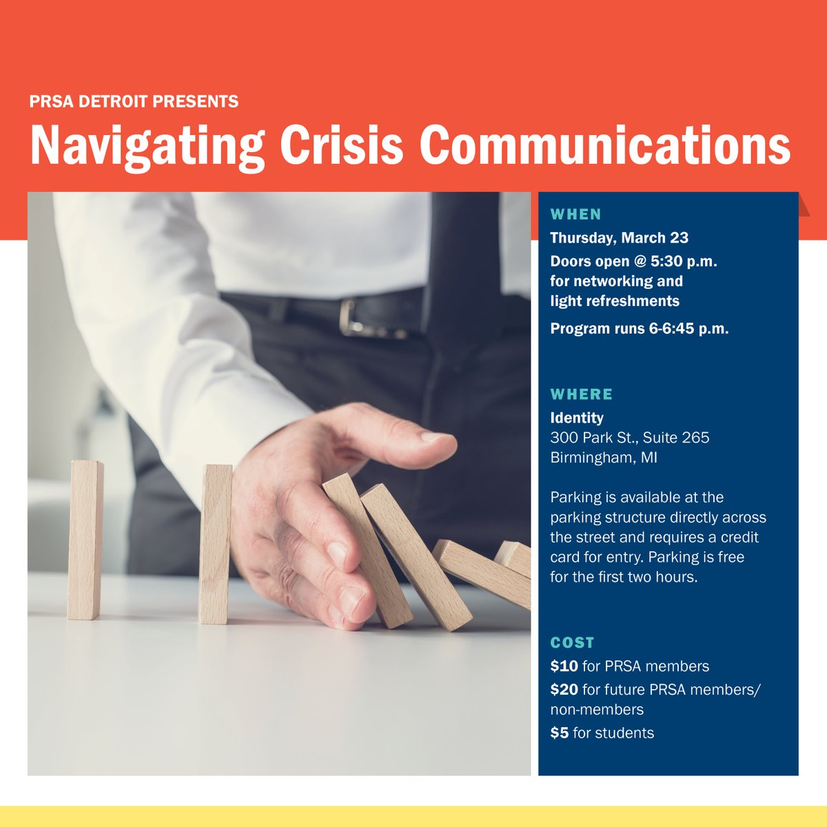 Join us for a timely panel on how PR pros can best prepare in times of crisis on March 23 at 5:30PM in person at @IdentityPR.

Panelists include Bret Gallaway, Sharon Tatom Garcia, APR and Andrea Trapani; moderated by Chrystal Wilson, APR.

Register now: bit.ly/NavigatingCris…