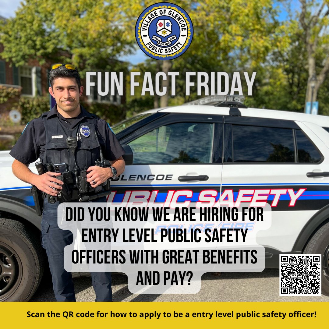 VGlencoe's tweet photo. Happy Fun Fact Friday!
Did you know we are hiring for entry-level public safety officers with great benefits and pay?
Scan the QR code to learn more and apply today!
#PublicSafety #GlencoeIL https://t.co/QcCq7q8sgU