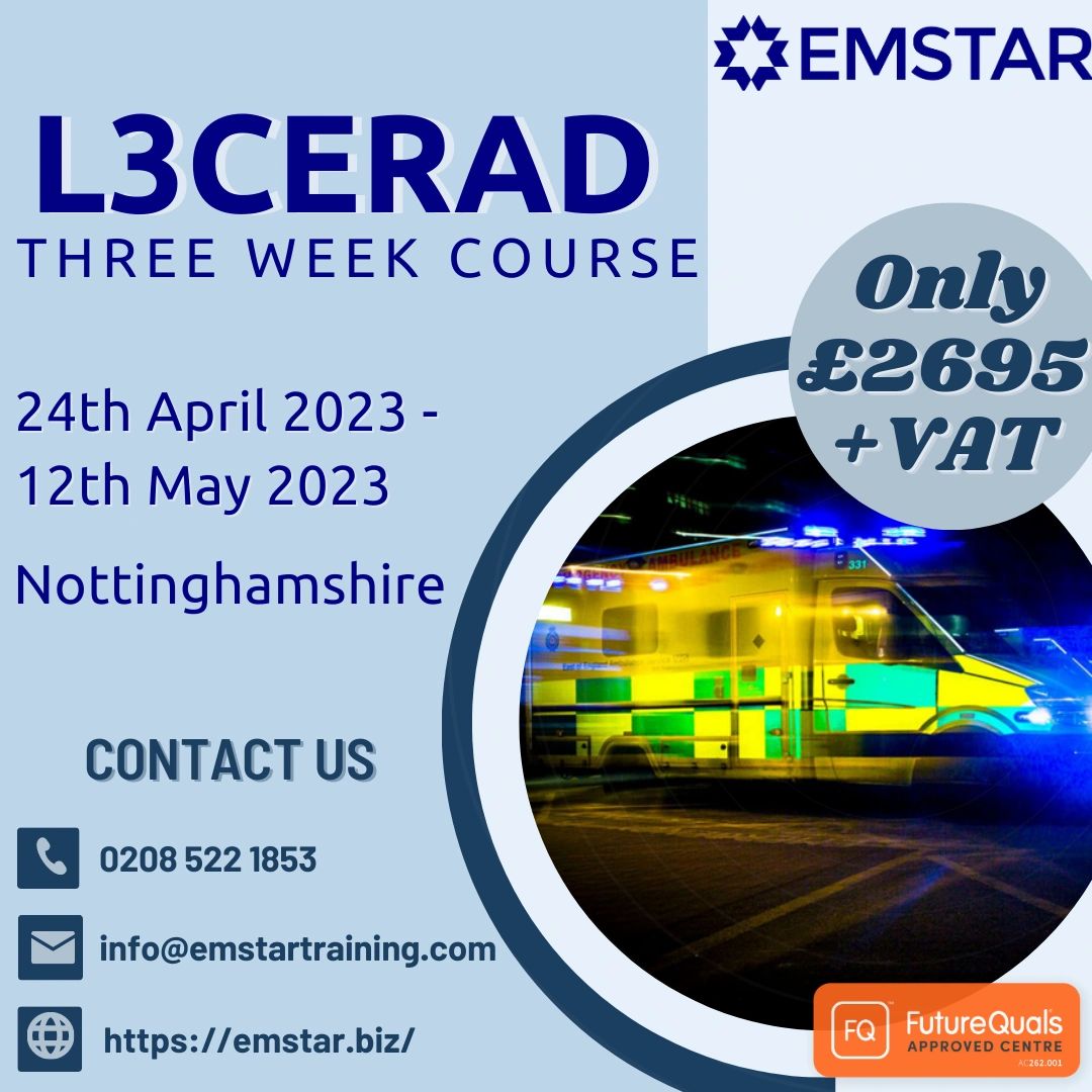 EmstarUK's tweet photo. Level 3 Certificate in Emergency Response Ambulance Driving (L3CERAD)
24th April 2023 to 12th May 2023
Nottinghamshire

#frec #drivertraining #cerad #trainingcourses #development #medicaltraining https://t.co/qRE3VzWqdw