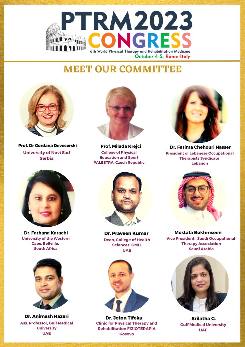 Meet the Honourable Committee of the #PTRMCONGRESS #Rome.

Learn more: physicaltherapyconferences.org

#ptrm #ptrmcongress #ptrmrome #physicaltherapy #physiotherapy #rehabilitation #Fisioterapeuta
#rehabtherapy #rehabilitationcenter #occupationa #romehealthcare #rome #priceless #italy