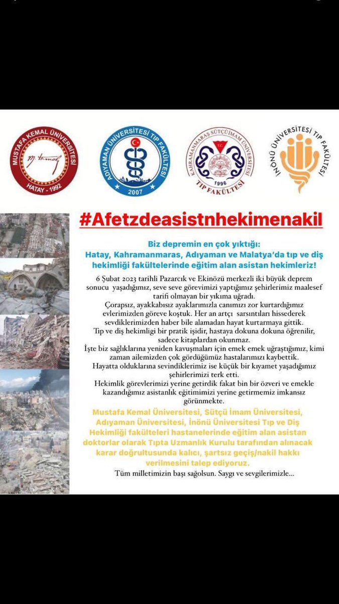 ibengisuu's tweet photo. Depremzede Asistan Diş ve Tıp Hekimlerinin eğitimlerine devam edebilmeleri için başka üniversitelere ŞARTSIZ NAKİL olması gerekiyr
#DeprmzdeAsistnHekmeNakil 
@drfahrettinkoca
@sbhttnaydin
@umitkervan
@YukselAltuntas1
 @mmkilicarslan
@orhanodabasi 
@baskandundar 
@ProfDrAKizilay https://t.co/cGAeXYVUvs