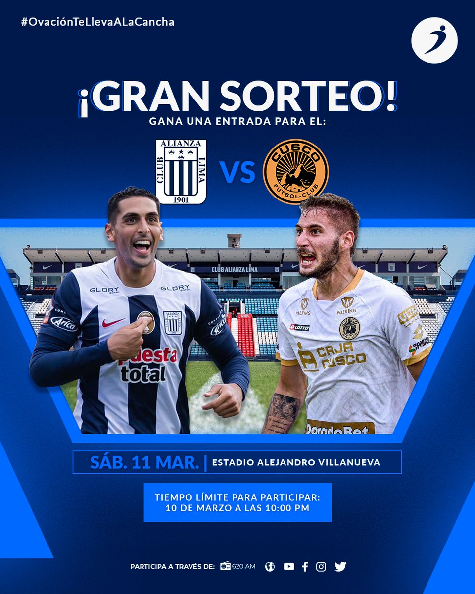 ovacionweb's tweet photo. ¡TE LLEVAMOS A LA CANCHA! 📣⚽
#Ovación te lleva #GRATIS al #AlianzaLima vs #CuscoFC.
Concursa por una entrada 🎟️ siguiendo estos pasos:
 Síguenos: @ovacionweb
2️⃣ Like al post y etiqueta 3 amigos.
3️⃣ Comparte el sorteo en tu muro personal. https://t.co/cPpzM0lay0