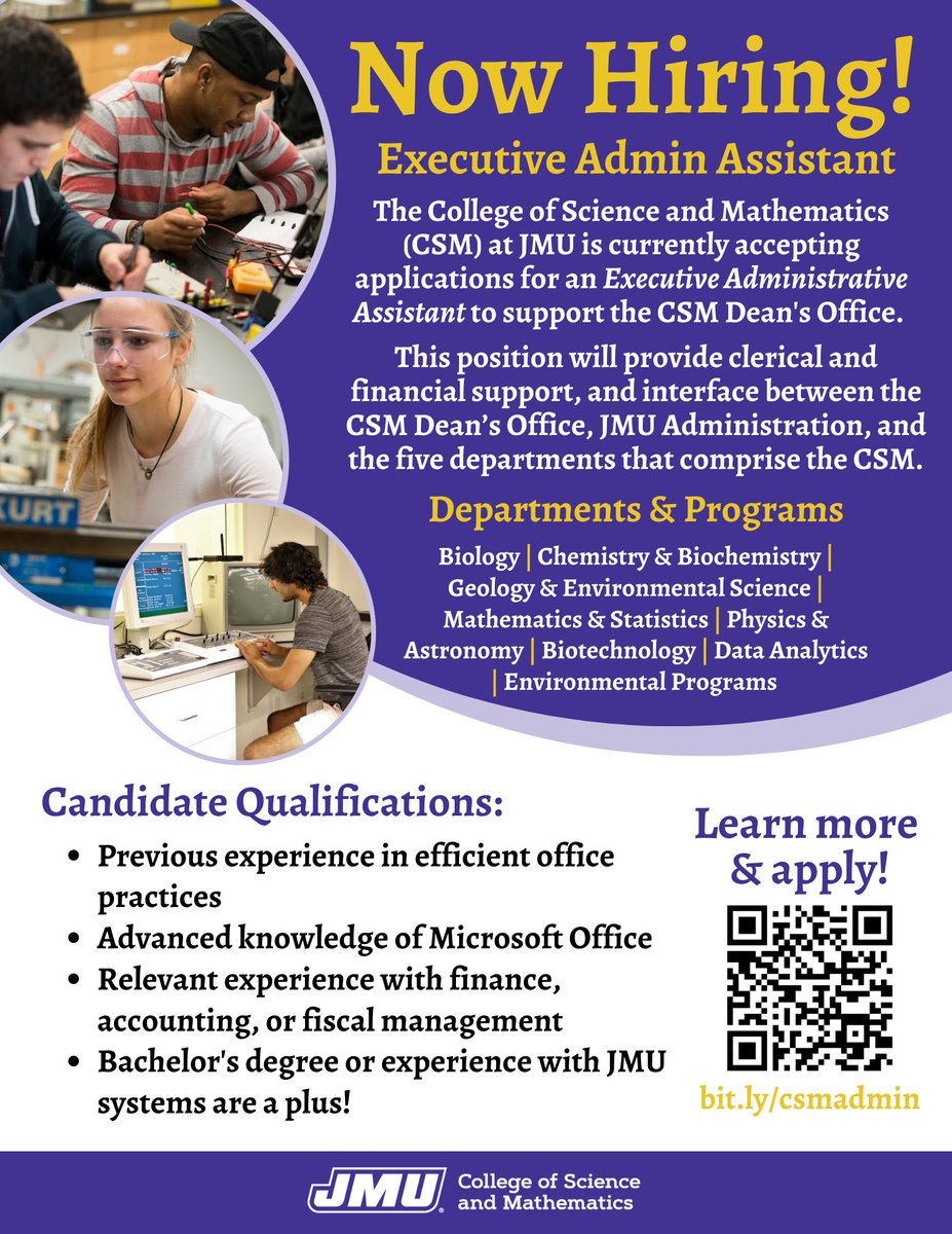 We're hiring for an Executive Admin Assistant to support the activities of the CSM Dean's Office. Strong candidates will have a background in accounting or fiscal management and excellent customer service skills. Click the link to learn more &amp; apply! joblink.jmu.edu/postings/14086