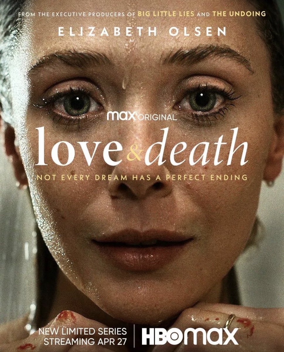 LizzieContent's tweet photo. New poster for Elizabeth Olsen’s new series “Love and Death”, streaming on HBO Max April 27. 🪓 https://t.co/DvEHI95IWB