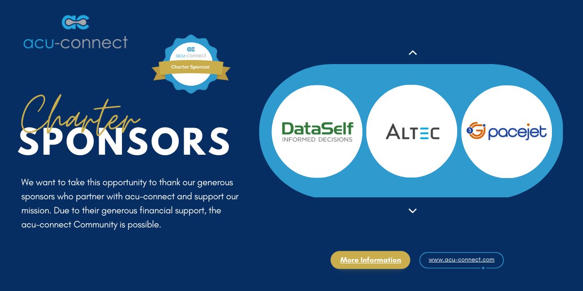 Shout-out to our acu-connect 2023 Charter Sponsors <a href="/dataself/">DataSelf Analytics</a> @DocLinkbyAltec  and <a href="/pacejet/">3G Pacejet Shipping</a> 

We appreciate you!!