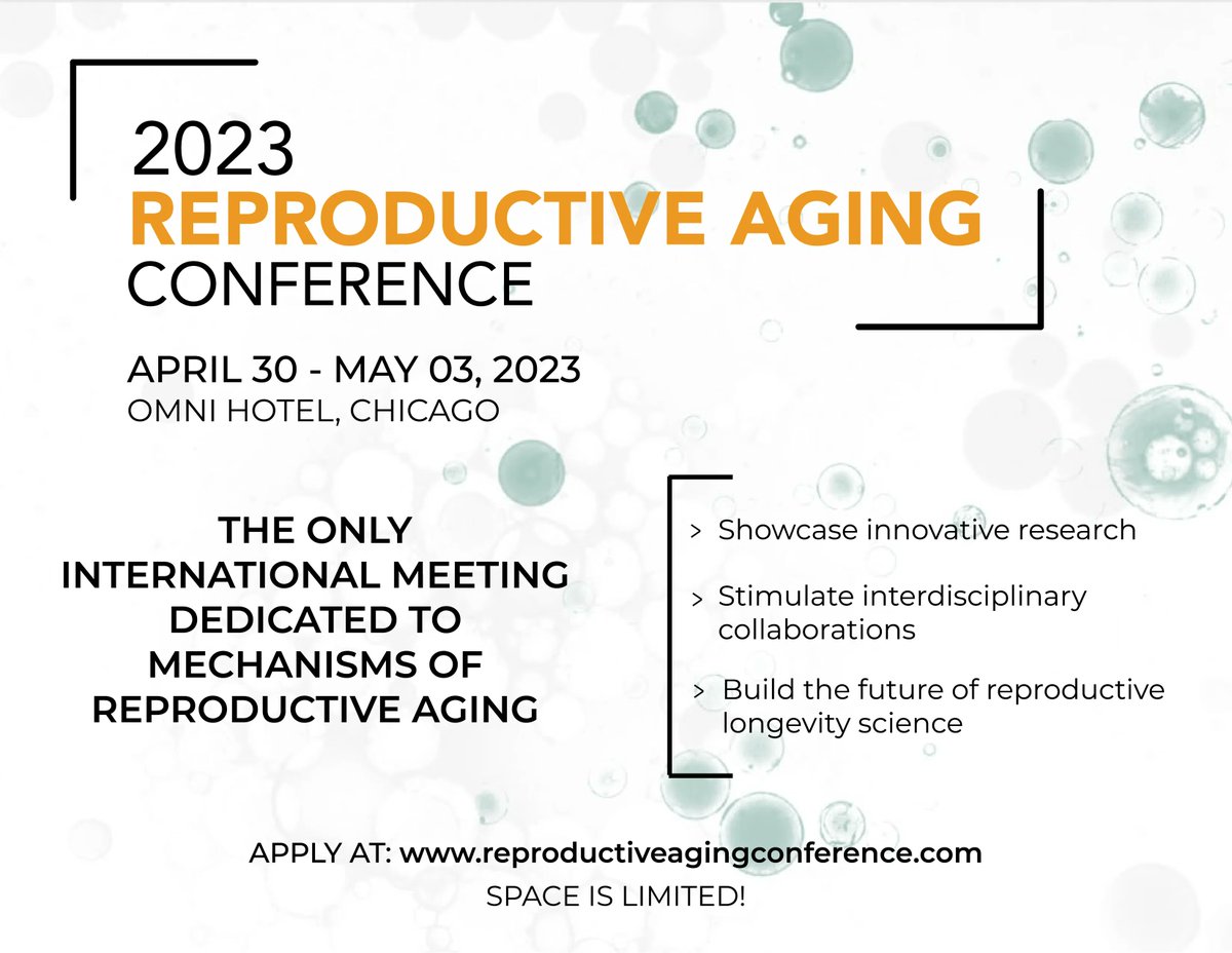 Announcing the 2nd inaugural Reproductive Aging Conference! This is the ONLY international conference dedicated to the mechanisms of reproductive longevity. Join us from Apr 30 - May 03, 2023 in Chicago, IL. Apply to register at buff.ly/3ZZtqAV @jenngarrison @NUDuncanLab