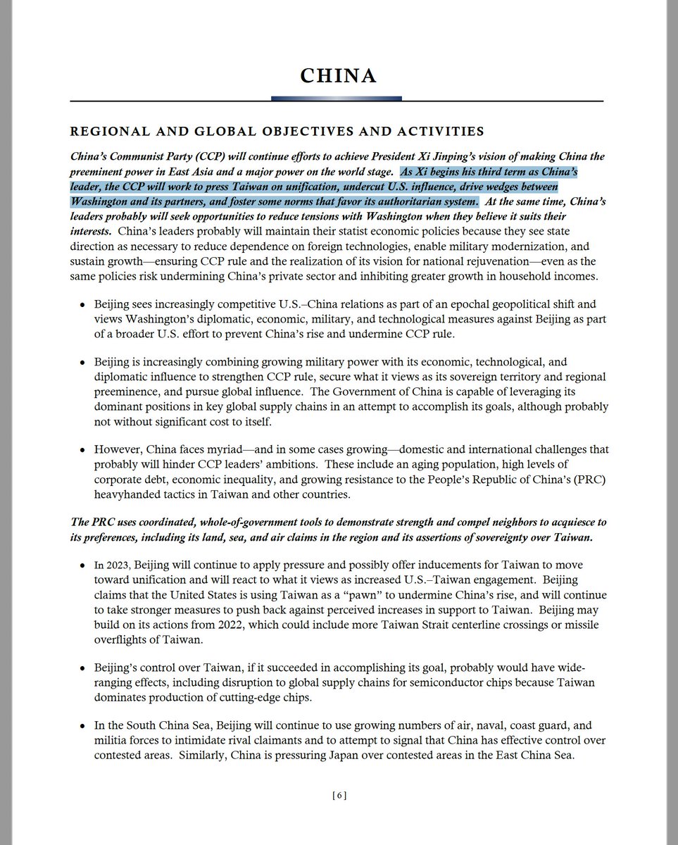 AndrewSErickson's tweet image. Read key #PRC content from @ODNIgov’s “Annual Threat Assessment of the US #Intelligence Community”!

bit.ly/ODNI23

Not just dedicated #China section (pp. 6–11), but insights throughout—incl. re bad actions directly in US.

#TLDR? I’ve curated the quotes for you here...