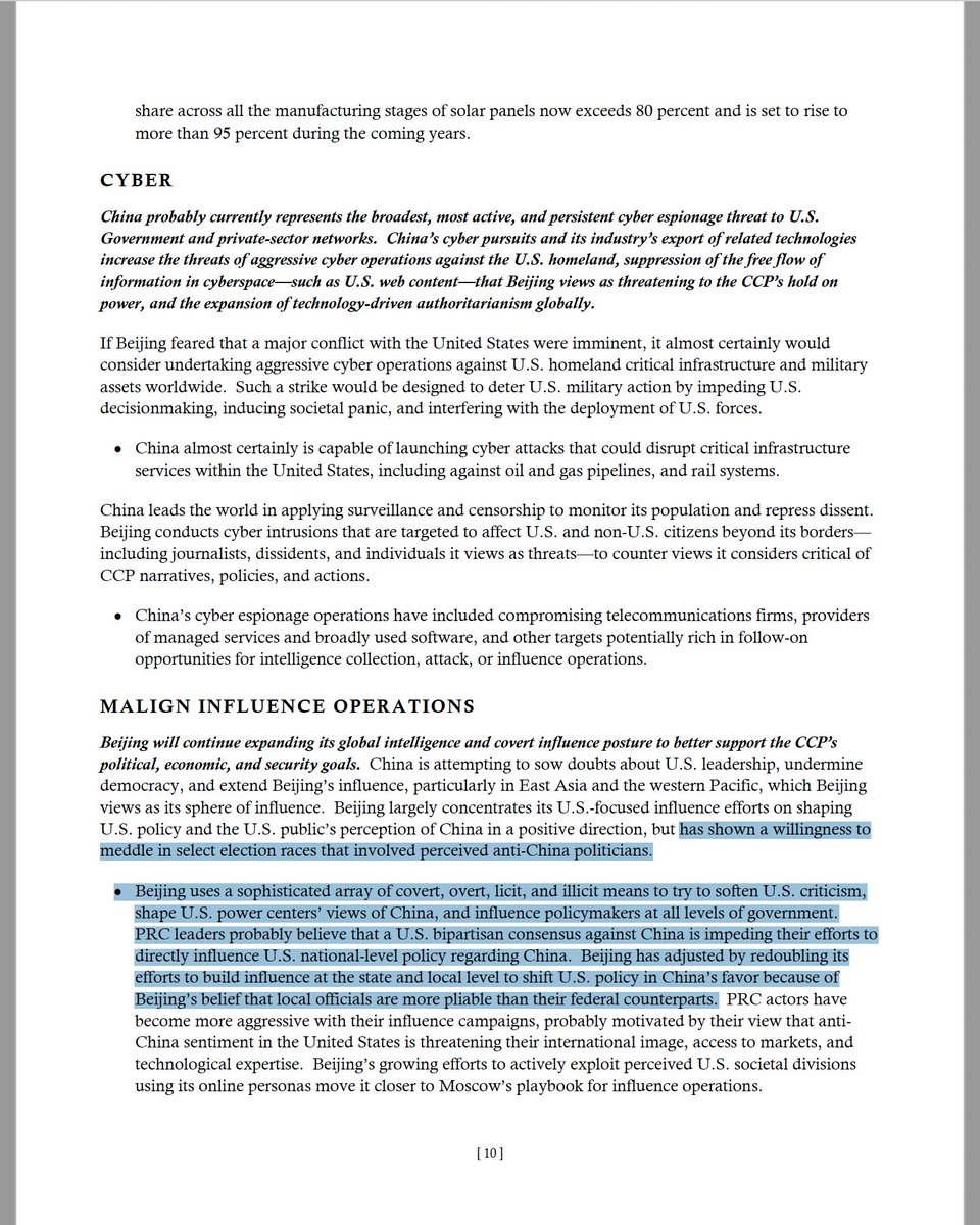 AndrewSErickson's tweet image. Read key #PRC content from @ODNIgov’s “Annual Threat Assessment of the US #Intelligence Community”!

bit.ly/ODNI23

Not just dedicated #China section (pp. 6–11), but insights throughout—incl. re bad actions directly in US.

#TLDR? I’ve curated the quotes for you here...