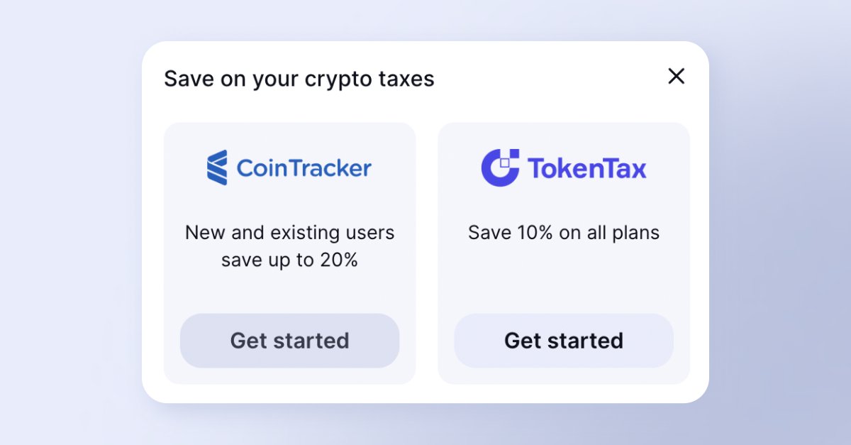 Crypto and taxes can be…complicated.

But we’ve partnered with <a href="/CoinTracker/">CoinTracker</a> and <a href="/TokenTax/">TokenTax</a> to help take the edge off 💅

Starting today, US users get up to 20% off on CoinTracker and TokenTax when they go through the Uniswap web app. 
app.uniswap.org