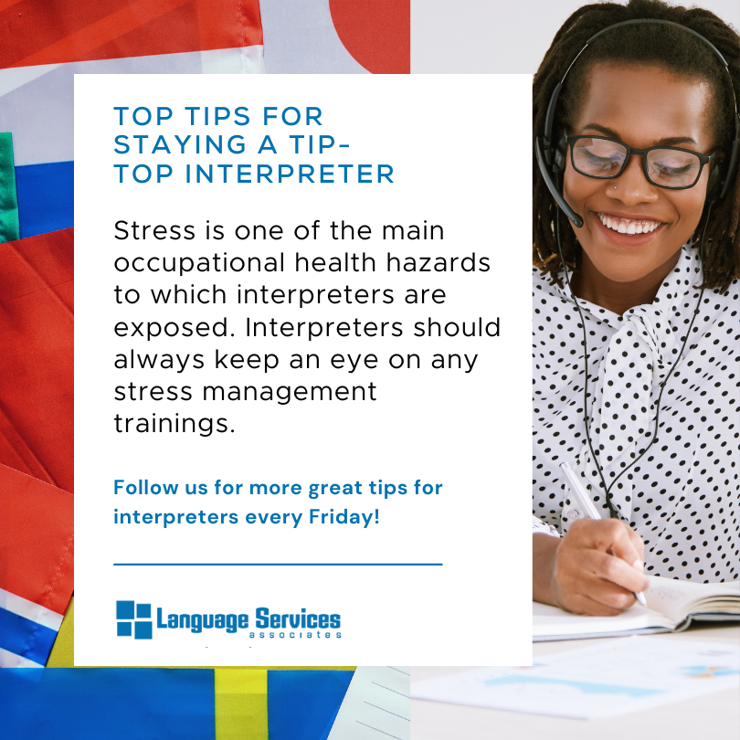 LSAWeb's tweet image. Stress is one of the main occupational health hazards to which interpreters are exposed. Interpreters should always keep an eye on any stress management trainings!

#InterpreterTip #Interpreter #InterpreterLife #LSP #LanguageAccess #ProfessionalTips #ProfessionalDevelopment