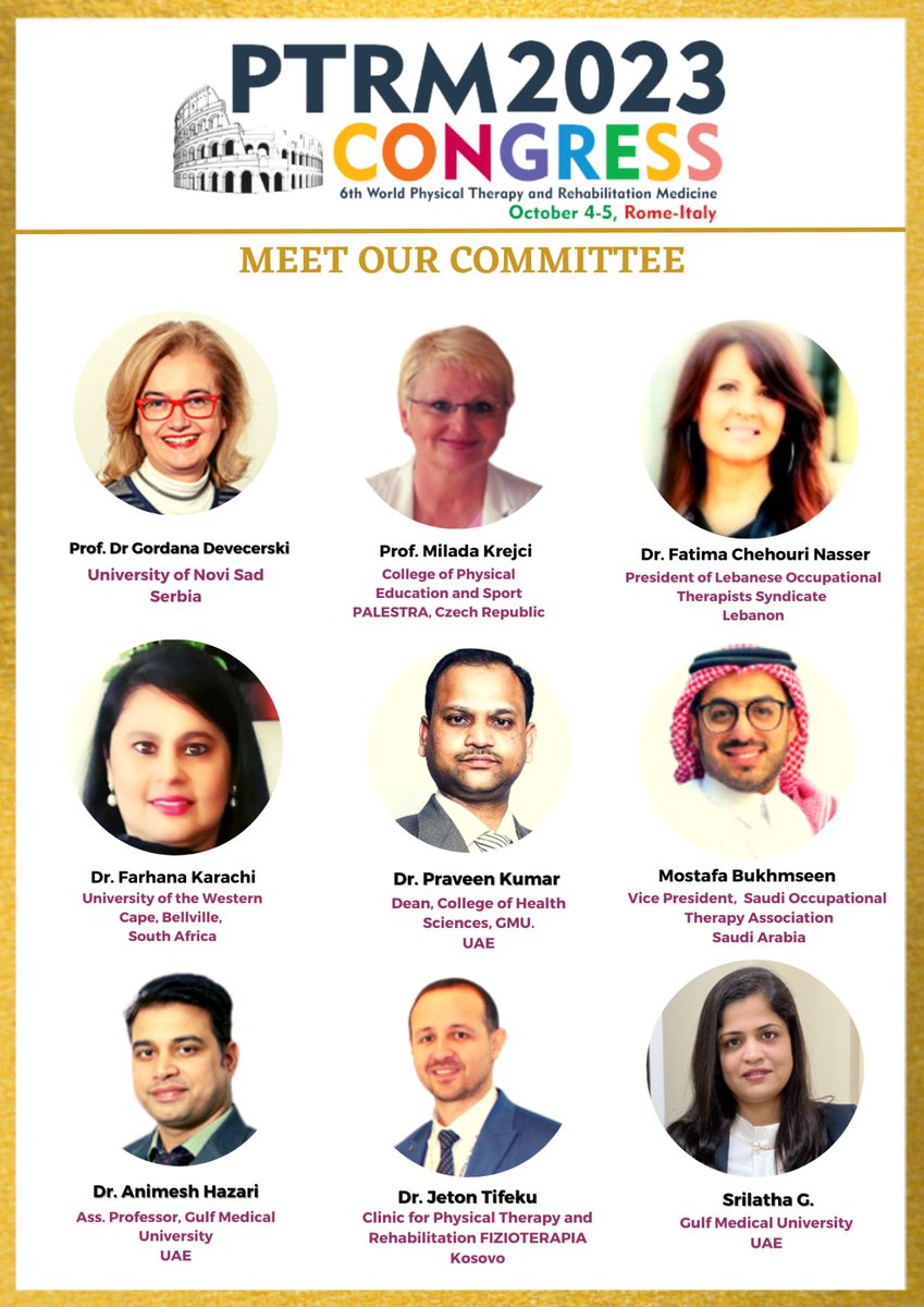 Meet the Honourable Committee of the #PTRMCONGRESS #Rome.

Learn more: physicaltherapyconferences.org

@bufara7 @animeshhazari @FChehouri 

#ptrm #ptrmcongress #ptrmrome #physicaltherapy #physiotherapy #rehabilitation 
#rehabtherapy #rehabilitation #occupationaltherapy #rome  #italy