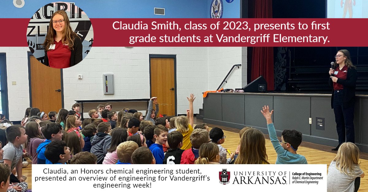 CHEG_UARK's tweet photo. Last week, Honors chemical engineering student Claudia Smith presented to students at Vandergriff Elementary about engineering! "I had a lot of fun doing the presentation. It's inspiring how excited the students are about engineering," said Claudia. 
#cheguark #uarkengineering https://t.co/UUWp842khw