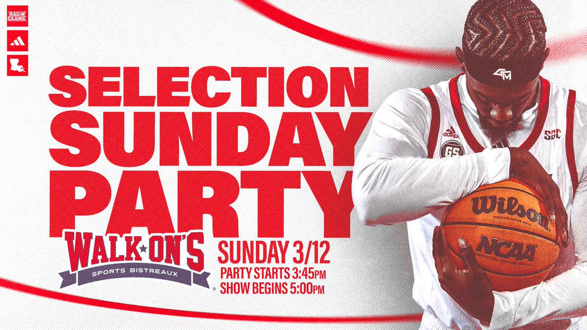 Louisiana Ragin’ Cajuns® Men's Basketball (@ragincajunsmbb) on Twitter photo Join the team this Sunday at <a href="/walk_ons/">Walk-On's Sports Bistreaux</a> as they find out where they'll head in the NCAA Tournament! The party starts at 3:45 with the show starting at 5!
#GeauxCajuns Join the team this Sunday at <a href="/walk_ons/">Walk-On's Sports Bistreaux</a> as they find out where they'll head in the NCAA Tournament! The party starts at 3:45 with the show starting at 5!
#GeauxCajuns