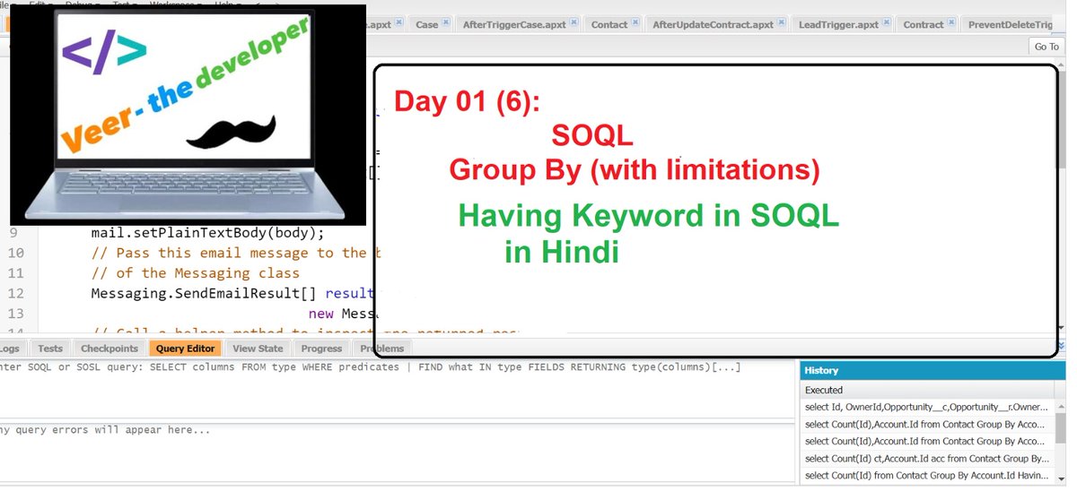 Veer_developer's tweet image. #new #lecture on #soql #groupby &amp;amp; #having #keyword will be available #tomorrow

youtu.be/461pXRnoDkM

@TheViditsharma is this lecture I have tried to #share your #message 🙏