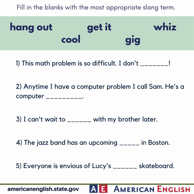 USEmbassyParbo's tweet image. 🚨  ‼️  QUIZ TIME  ‼️  🚨
➡️  Do you remember these American English slang terms? ⬅️
Write your answers in a comment.
#LanguagePoint  #Slang  #Idioms