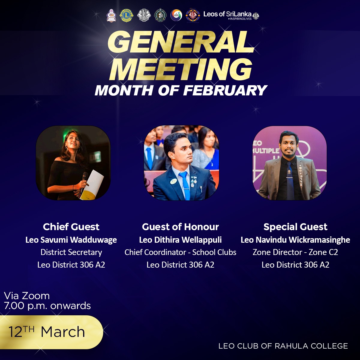 RahulaLeos's tweet photo. 🦁 General Meeting - February 🦁

We cordially invite you to the monthly General Meeting of Leo Club of Rahula College for the month of February 2023. https://t.co/QkQNlxMUTh