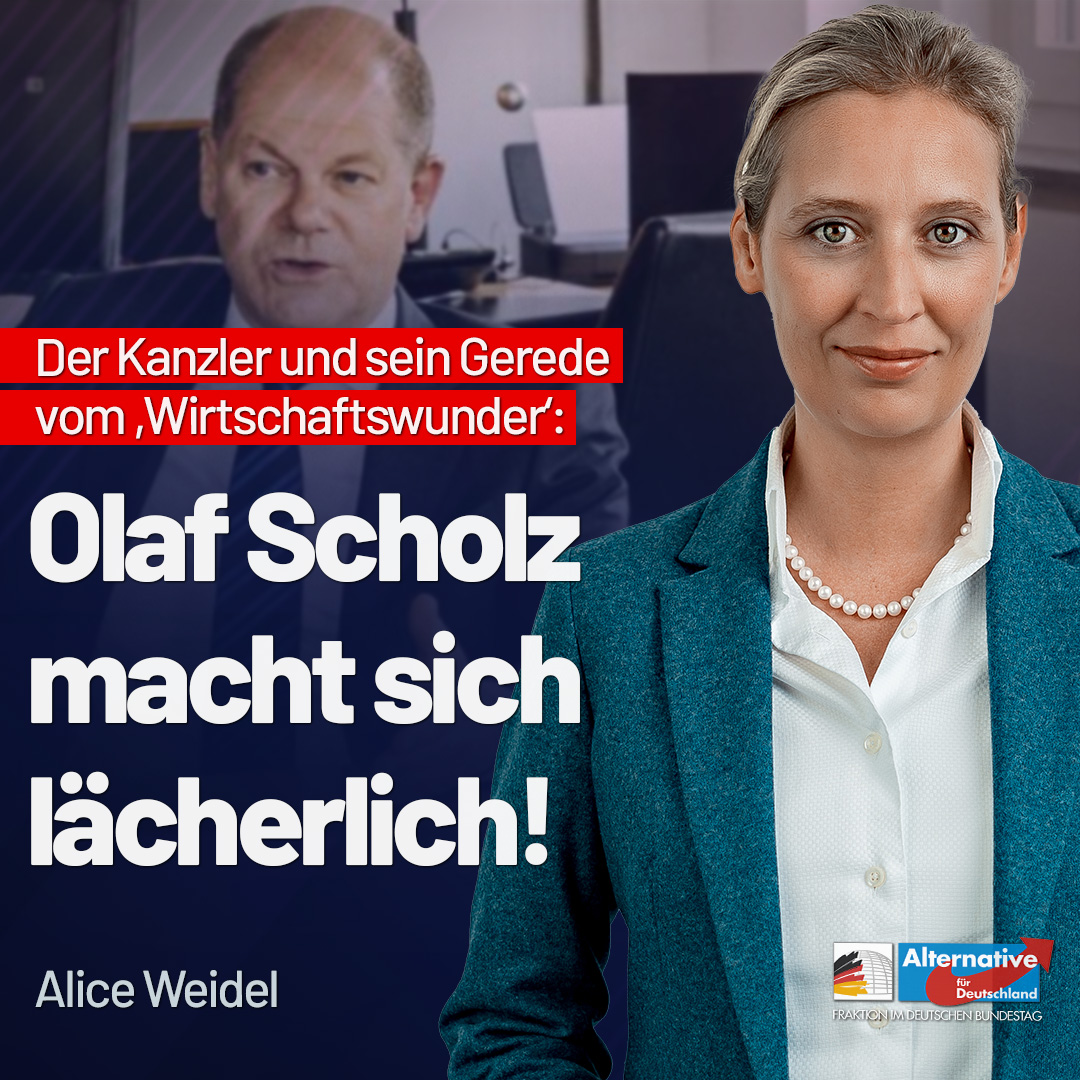 Der #Bundeskanzler verspricht für Deutschland Wachstumsraten wie zu Zeiten des Wirtschaftswunders!  "Olaf #Scholz hat in seinem rot-grünen Paralleluniversum offenkundig den Kontakt zur Realität verloren", kommentiert AfD-Fraktionsvorsitzende <a href="/Alice_Weidel/">Alice Weidel</a>.
afdbundestag.de/alice-weidel-s…