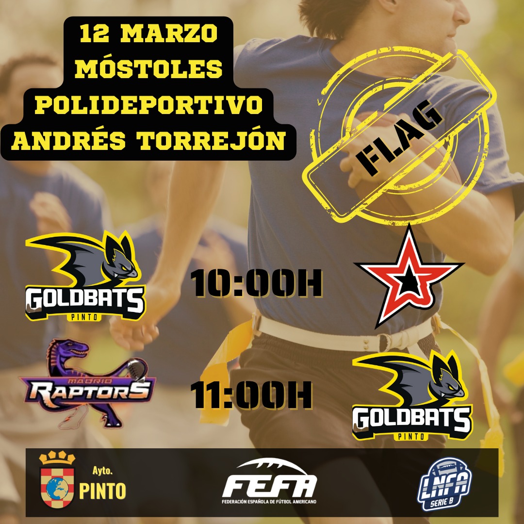 🦇 JORNADA DE FLAG 🦇
Este domingo comienza la jornada de flag a las 10h en el polideportivo Andrés Torrejón, en Móstoles. La vuelta de la segunda liga madrileña ya ha comenzado y nos enfrentaremos a Fuenlabrada Toros y Madrid Raptors. ¡Que gane el mejor!