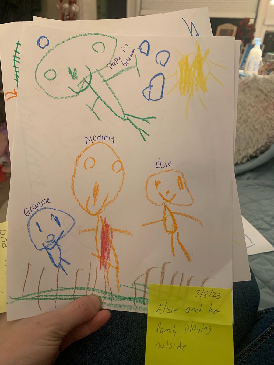 Children who lost a parent during the #covid pandemic are the forgotten grievers. It's estimated more than 70 percent are 13 or younger. 
Elsie was only 2 yrs old when her Papa passed away. Her teacher recently sent home a drawing she did, Pappa in heaven. @readingswan
#covidloss