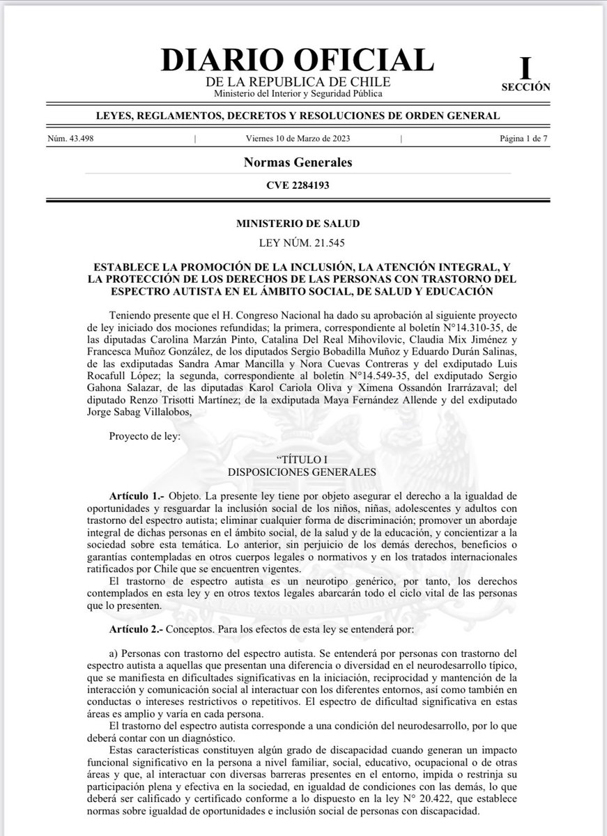 GobiernodeChile's tweet image. ¡Ya es ley! 🙌

Hoy fue publicada en el Diario Oficial la #LeyTEA ✅ Se establece la promoción de la inclusión, la atención integral y la protección de los derechos de las personas con trastorno del espectro autista (TEA).

Seguimos trabajando por una sociedad más inclusiva.
