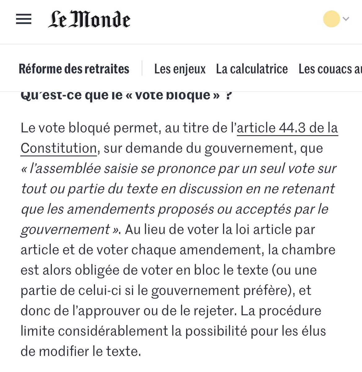 Jamais un gouvernement n’avait utilisé le vote bloqué alors même qu’en vertu de l’article 47-1, il met déjà sous camisole le parlement. 

#DirectSenat 
#ReformeDesRetraites 
#64ansCestNon