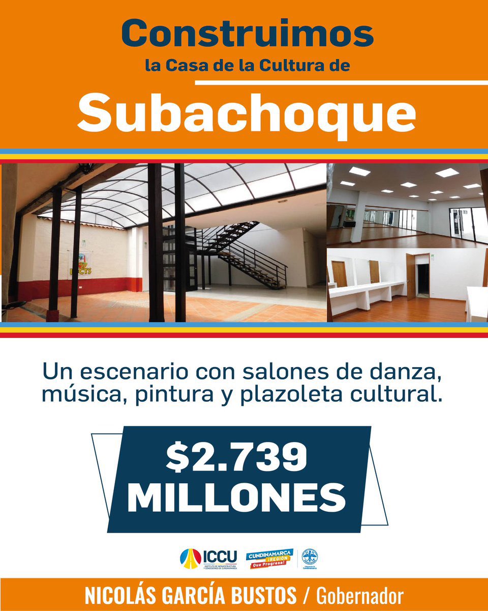 CundinamarcaGob's tweet photo. #FelizViernes☀️| Con @ICCUGOB y con una inversión superior a los $2.700 millones construimos en Subachoque la Casa de la Cultura, una edificación de dos niveles que cuenta con plazoleta cultural, cafetería, sala de juntas, salones de danza, música y pintura.👏🏼#RegiónQueProgresa https://t.co/rLCL10KXe6
