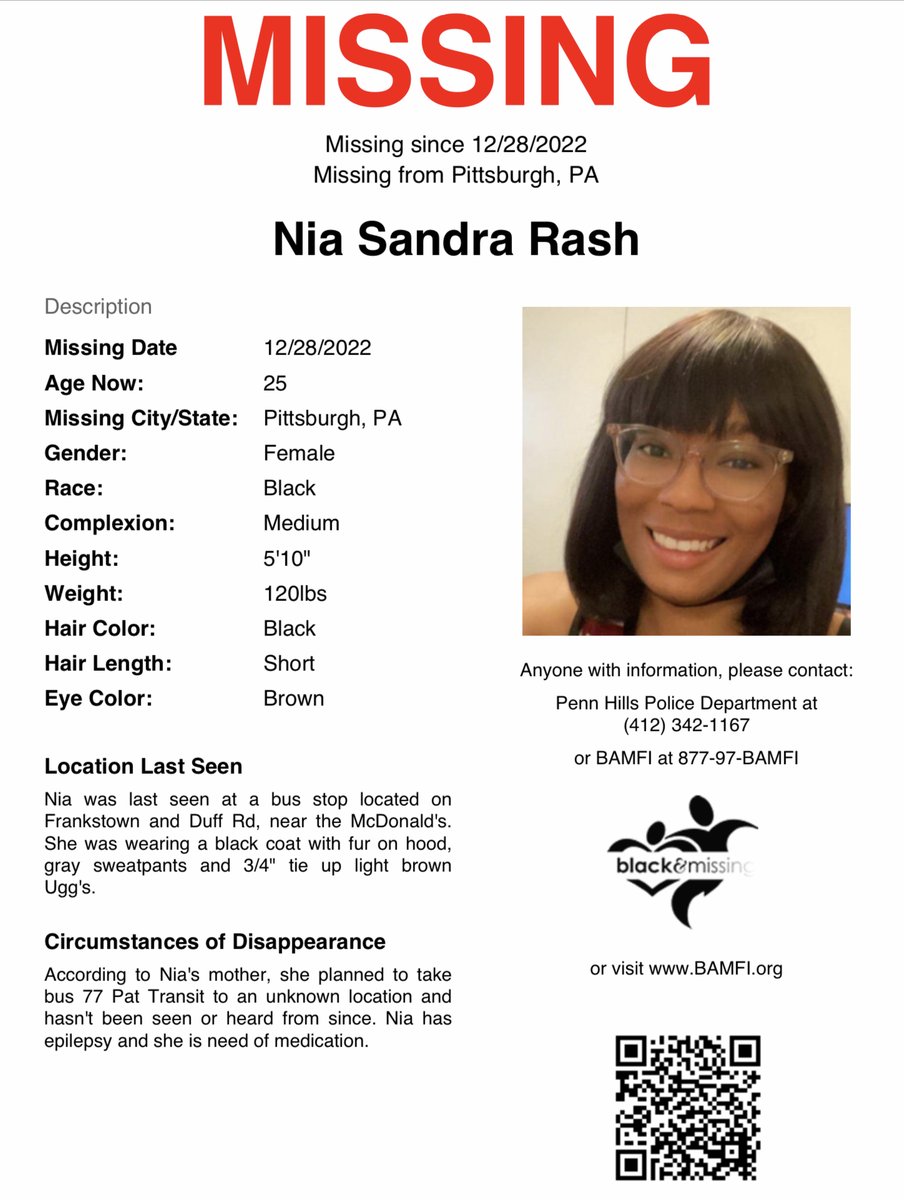 BAM_FI's tweet photo. #Pittsburgh, PA: 25y/o Nia Rash is STILL MISSING! 

She was last seen getting off of a Pittsburgh Regional Transit bus at Penn Ave at South Graham Street in Pittsburgh’s East End on Dec 28, 2022. 

Nia is need of medication.

#HelpUsFindNiaRash #NiaRash #HelpUsFindUs #PennHills https://t.co/JL3L4meScp