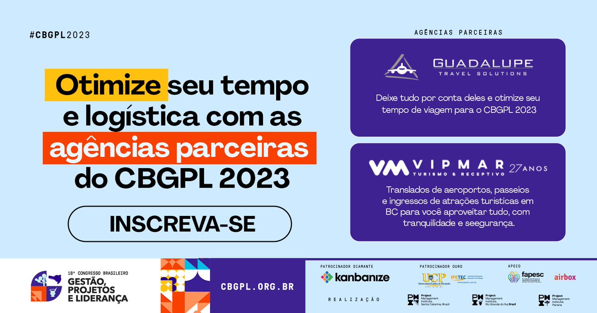 cbgpl_pmi's tweet photo. Feche a semana com tudo resolvido! Confira as agências parceiras do CBGPL e deixe com eles a reserva da sua estadia, passagens, traslados e passeios!
https://t.co/uz9rA3FurT 

#cbgpl #cbgpl2023 #gestao #projetos #lideranca #pmi #pmirs #pmisc #pmipr #balneariocamboriu https://t.co/7FmfIbwtOj