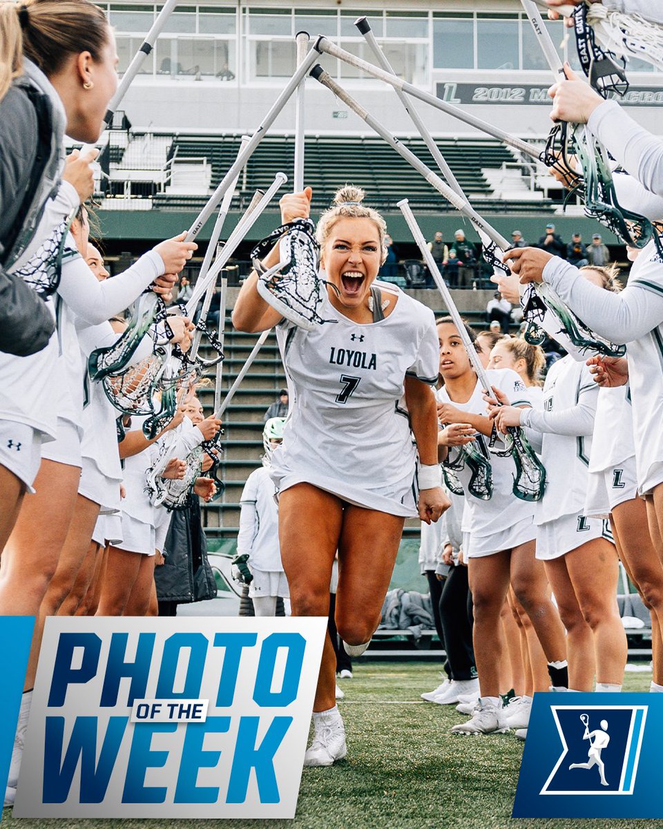 NCAALAX's tweet photo. 📸 #NCAAWLAX Photo of the Week 🥍

Jillian Wilson runs through a tunnel of teammates for starting lineups during @LoyolaWLax's matchup against No. 23 Penn. https://t.co/4RARyJYGWy