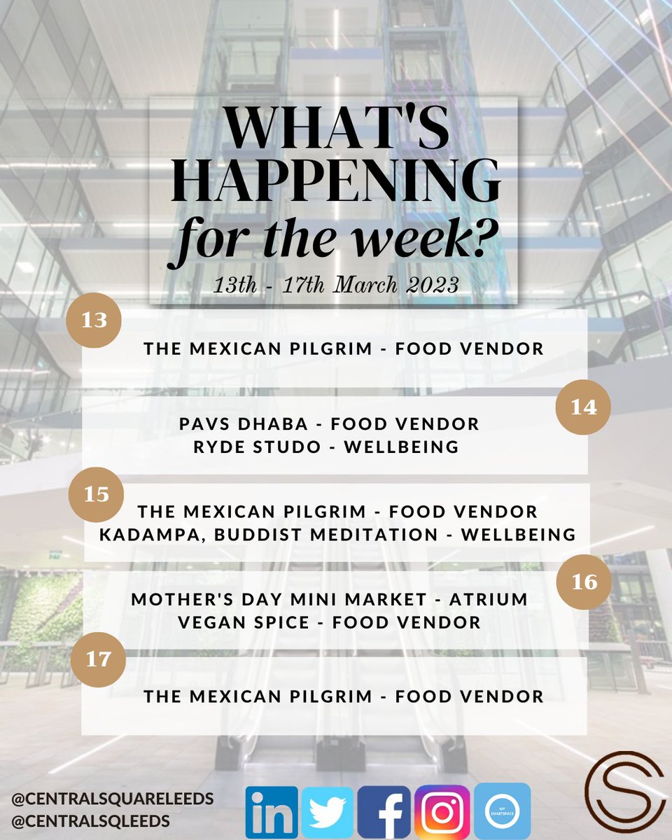 What's happening for the week at Central Square?
Feel free to pop by and join in on the fun!💐

#engagement #activities #cbre #MandGRealEstate #CreatingCommunities #centralsquareleeds