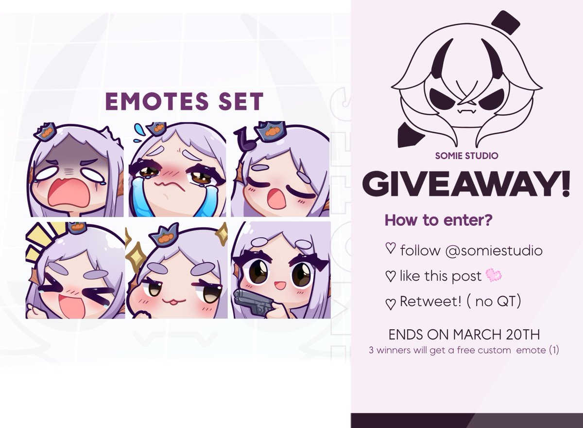 SomieStudio's tweet image. [FREE  EMOTE GIVEAWAY]👾💜
How to enter:
• Follow me (new followers are welcome!)
• Like this post! 
• Retweet!!  (no QT) 
 There will be 3 winners who gets a free custom emote (1) by yours truly~
 Ends March 20th
#VTuberUprising #Vtuberの胸が見たい  #emote #Giveaway