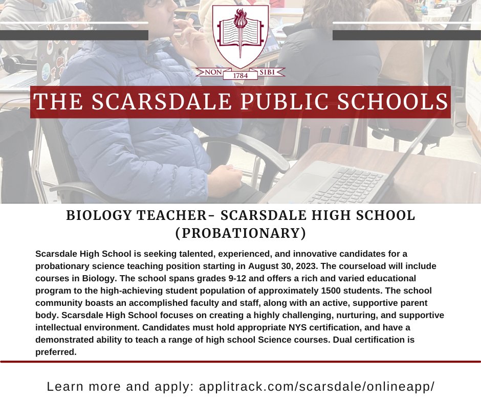The Scarsdale Schools seek outstanding candidates to teach Biology at Scarsdale High School. 3/8 
#Biology #Science #STEM #STEAM #STEAMJobs bit.ly/ScarsdaleJobs