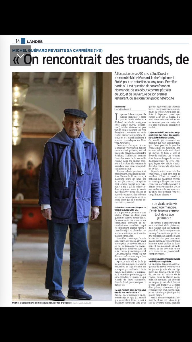 PASSIONNANT! Ce reportage de <a href="/KevinLeroySO1/">Kevin Leroy SO</a> sur <a href="/SO_Landes/">Sud Ouest Landes</a> : on est embarqué dans la vie trépidante - c’est le mot!- de <a href="/michelguerard/">Michel Guérard - Les Prés d'Eugénie</a> , c’est un régal à lire. A quand les prochains épisodes? 💥👏🏽